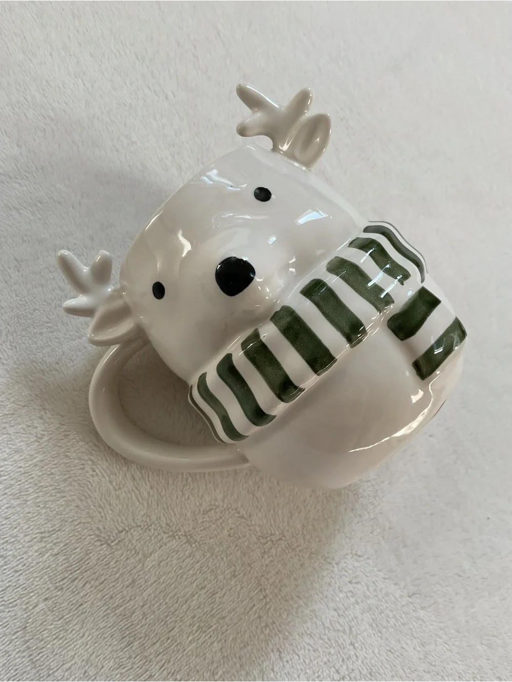 Crate & Barrel Snowy Reindeer Mug Christmas Green Scarf Holiday Coffee Cup
